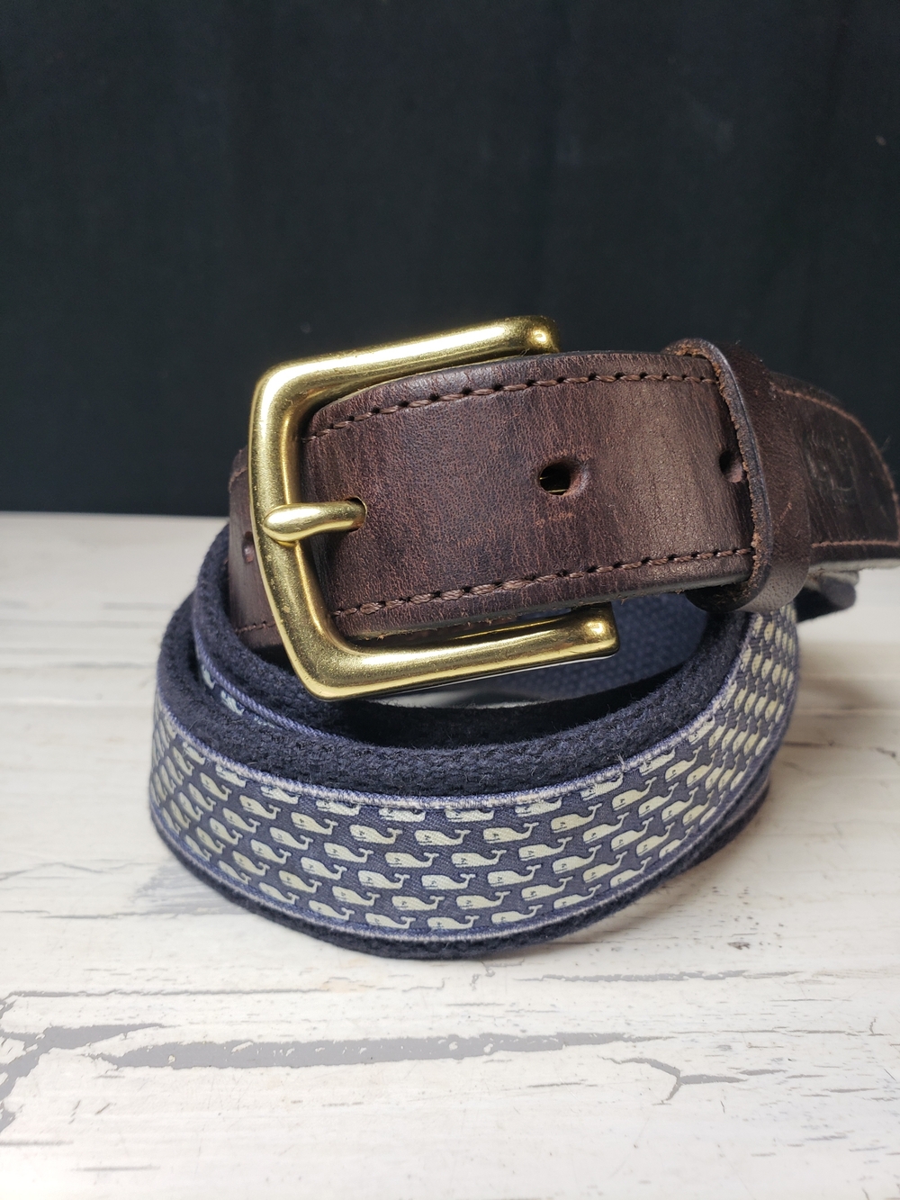 Vineyard Vines Navy Whale-Print Webbing Belt with Brown Leather - Picture 2 of 16